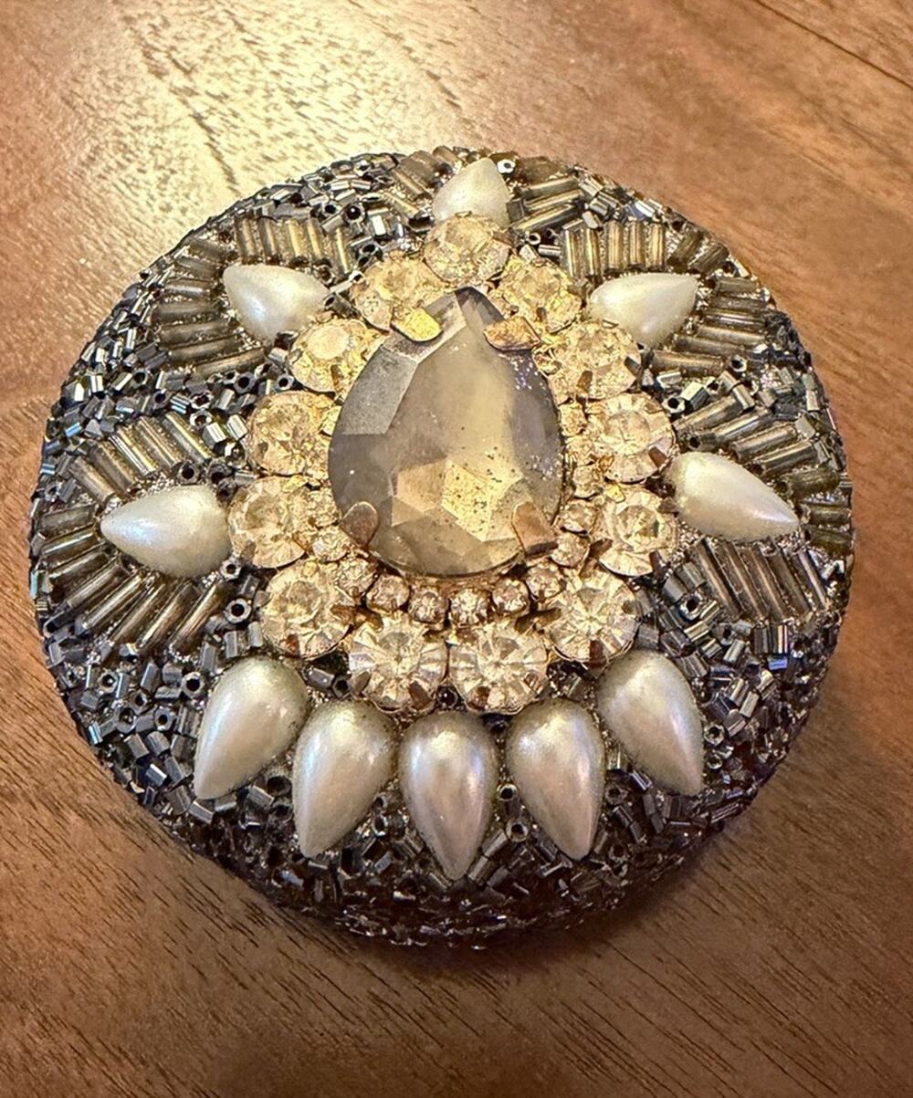 VTG Jeweled Rhinestone Beaded Trinket Box Round Domed Lid Faux Pearl 3x3 Regency